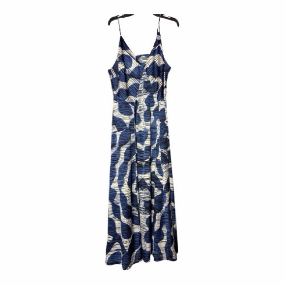 Banana Republic Factory Blue Zebra Print Midi Dress - Satin V-Neck - Picture 2 of 6